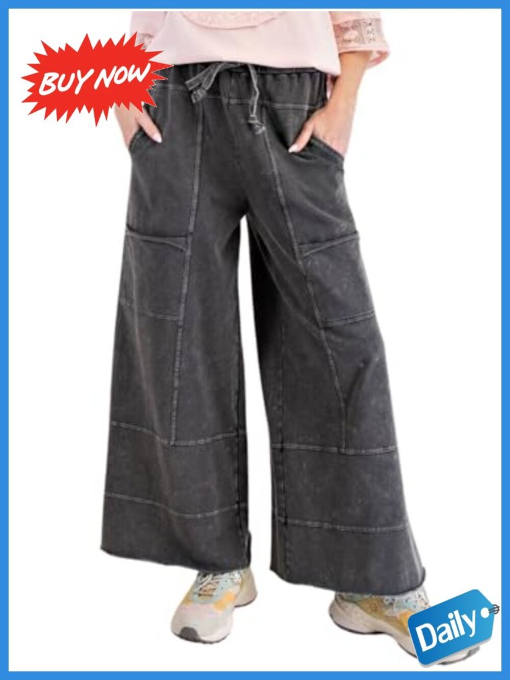 Womens Washed Sweatpants Cargo Wide Leg Palazzo Capri Elastic Waist Drawstring